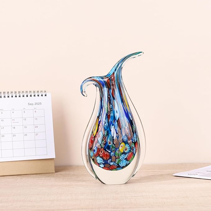 Hand Blown Glass Vase for Centerpiece, Murano Style Table Decoration, Blue Blown Art Glass Ellipse Flower Vase, Single Stem Beautiful Decor for Home, Beachy Room Decor for Home Shelf