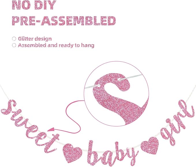 BEISHIDA Pink Glitter Girl Baby Banner,NO DIY, Pre-Strung Baby Gender Party Banner For Girls, Girls Shower Decorations,First Birthday Sweet party supplies