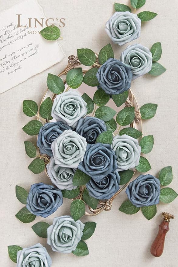 Ling's moment Artificial Flowers 50Pcs Dusty Blue & Navy Roses Decor w/Stems,3" Real Touch DIY Foam Floral for Wedding Bouquet/Centerpieces, Outdoors Party Backdrop, Room/Table, and Garden/Pot Decor