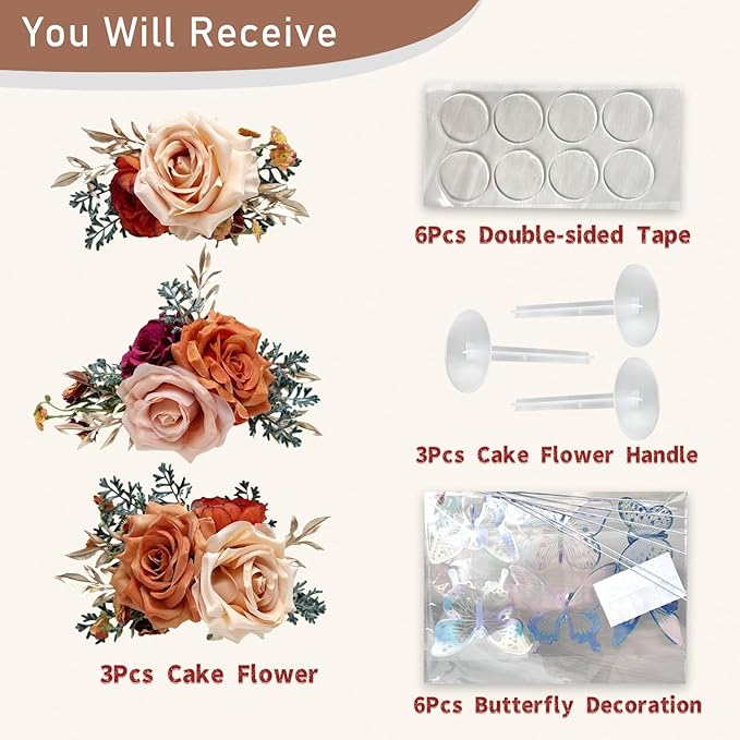 Pre-Made Burnt Orange Silk Flowers for Cakes Decorations Sunset Terracotta Artificial Rose Peony Fall Wedding Cake Toppers Decorating Fake Floral Rust Anniversary Birthday Party Arrangements Table