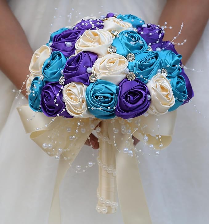 Bridal Wedding Bouquet Round Bling Brooch Bouquet Throw Toss Artificial Rose Flower Bunch for Bride Bridesmaid Wedding Quinceanera(Teal Blue, Purple & Cream, 8.7")