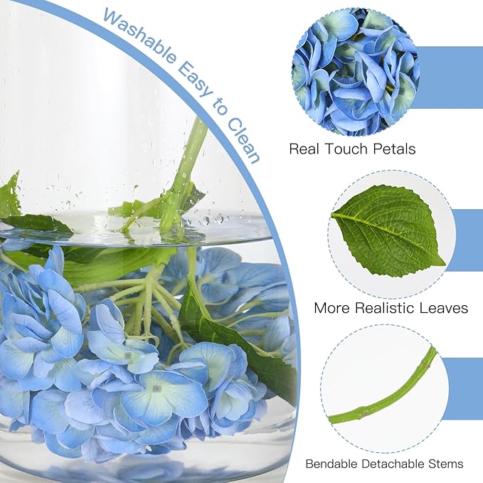 2Pcs Hydrangea Artificial Flowers, 22.44" Real Touch Latex Faux Hydrangea with Long Stems & Leaves for Home Office Decor or Wedding, Party, Centerpieces, Floral Arrangements (Blue)