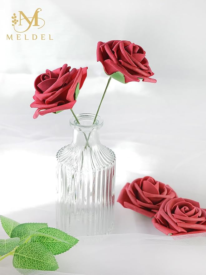 Meldel Artificial Flower 25pcs Real Looking Red Fake Foam Roses with Stems for DIY Wedding Bouquets Gifts Bridal Shower Faux Floral Centerpieces Arrangements Home Party Tables Decorations