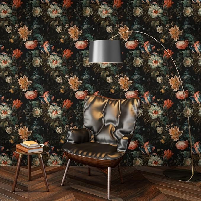 Vintage Gold Yellow Floral Peony Pink Orange White Flower Peel and Stick Wallpaper Easy Peel Off Contact Paper Stick on Adhesive Wall Paper for Bathroom Waterproof Renter Friendly