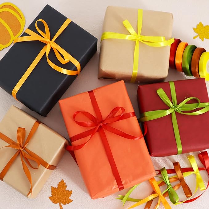 TONIFUL 5 Rolls Thanksgiving Satin Ribbon - 3/8 Inch x 25 Yards Fall Ribbon for DIY Crafts, Gift Wrapping, Table Decor,Wreaths Decor, Autumn Party & Home Decoration (Brown, Orange, Rust, Moss, Yellow)