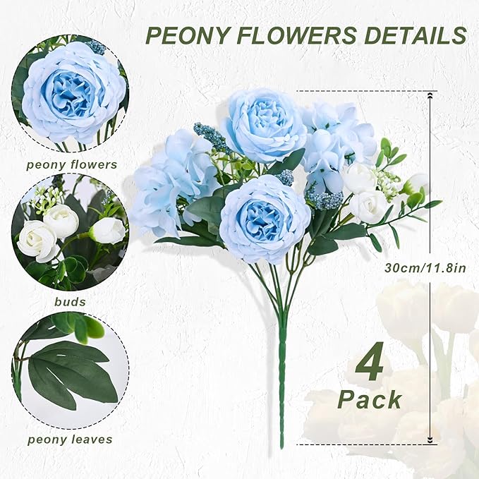 MARTINE MALL 4 Packs Peonies Artificial Flowers, Blue Artificial Peonies, Silk Peonies Flowers Fake Peonies Artificial Flowers Peonies Bouquet for Centerpiece Table Wedding Party Home Decor