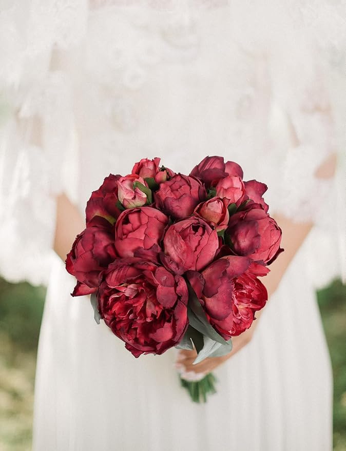 2 Bouquets Red Peonies Silk Flowers 14Heads Faux Peony Flowers Red Fake Peonies Flowers Artificial for Decorations for Wedding Bouquets Bridal Shower Decorations Home Office Party Decor