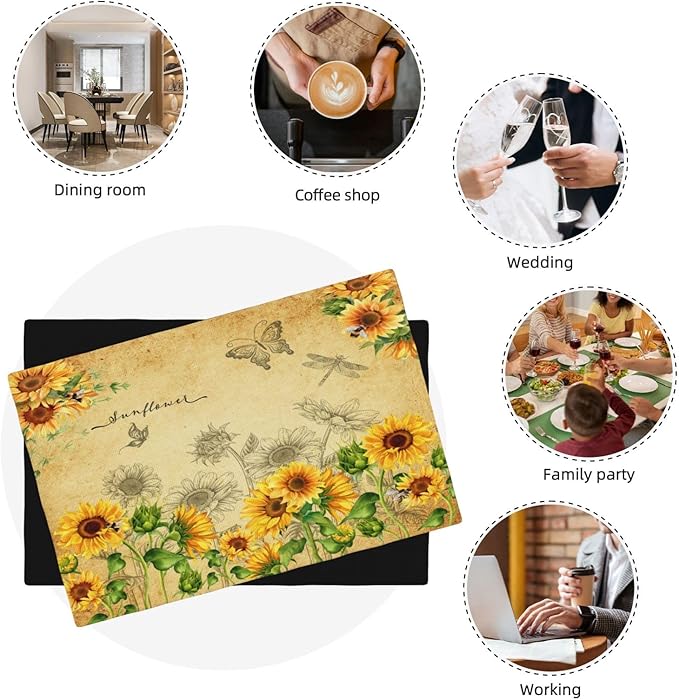 Sunflower Placemats, Rural Vintage Old Watercolour Sunflower Butterfly Flower Bee Print Washable Fabric Placemats Table Kitchen Dining Party 12x18 Inch Set of 6