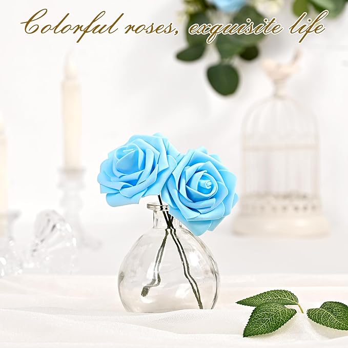 BLEUM CADE 36Pcs Artificial Flowers Fake Roses with Stems, Sky Blue Boxed Foam Roses for DIY Bouquets Centerpieces Wedding Party Arrangement Bridal Shower Decor
