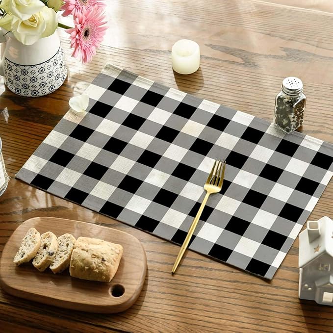 Buffalo Check Placemats Set of 4 Black and White Dining Place Mats Linen Table Mat for Farmhouse Home Kitchen Decor 12 X 18 Inch