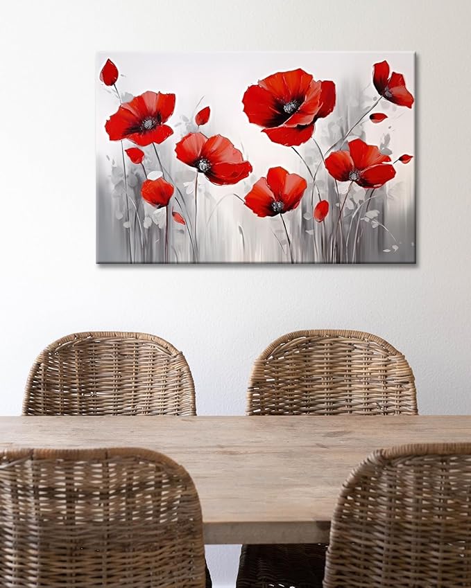GLOKAK Red Poppies Wall Art - Modern Floral Red Poppy Flower on Grey Background Painting Poster Canvas Print Artwork For Home Bathroom Bedroom Decoration (36"x24")