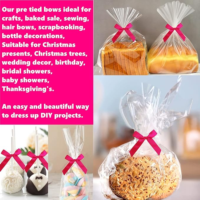 50 PCS 3 Inch Twist Bows for Treat Bags, Satin Twist Tie Bows, Pre Tied Bows with Wire, Ribbon Bows with Twist Ties, Bow Ties for Gift Bags, Popcorn Bags, Cookie Bags, Party Favors (Hot Pink)