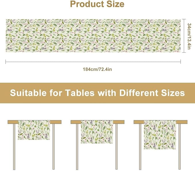 Wildflower Table Runner, Watercolor Green Botanical Flowers Vintage Bohemian Design Table Runner for Kitchen Dining Home Party Home Decor , 13x108 Inch