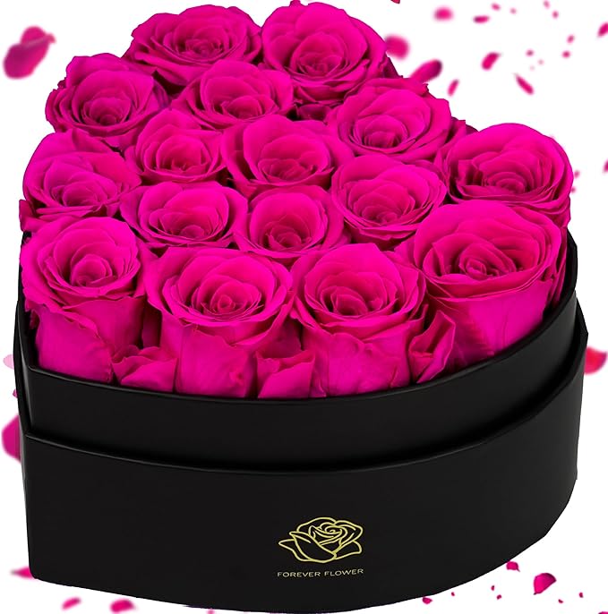 16-Piece Forever Flowers Heart-Shaped Box – Real Immortal Preserved Roses Lasting a Year, Perfect for Birthday, Girlfriend, Mother, or Wife, Valentine Day Gift for Her - Reddish