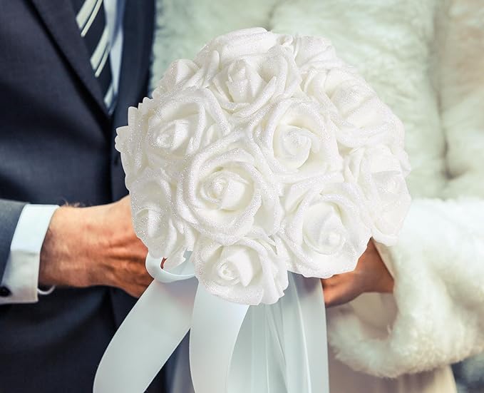 IPOPU Artificial Roses,25pcs White Glitter Roses Glitter Flowers Foam Roses with Stems for DIY Wedding Bridal Bouquet Home Party Decoration(White)