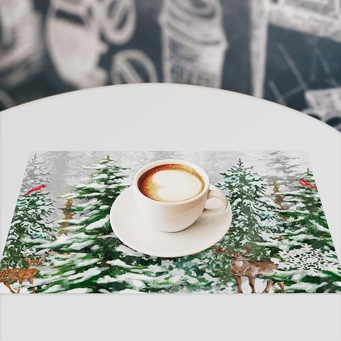 Winter Snowy Forest Placemats Christmas Pine Tree Snowflake Holiday Bath Rustic Christmas Tree Placemats Table Kitchen Dining Party 12x18 Inch Set of 6