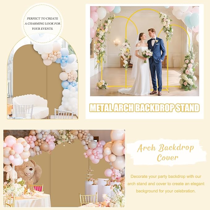 Metal Backdrop Arch Stand Set of 3 with Brown Spandex Arch Covers Stretchy Backdrop 6FT, 5FT, 4FT Stable Balloon Arch Frame Stand Backdrops and Arch Stands Cover for Wedding Ceremony Grad Party Decor