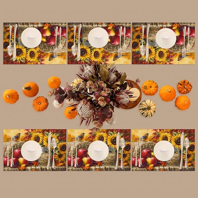 Autumn Apple Flower Sunflower Placemats Set of 6 PVC Vinyl Non Slip Table Mats Heat Resistant Place Mats Washable Wipeable Dining Table Mat for Kitchen Decor Party Indoor Outdoor Decorative Gift
