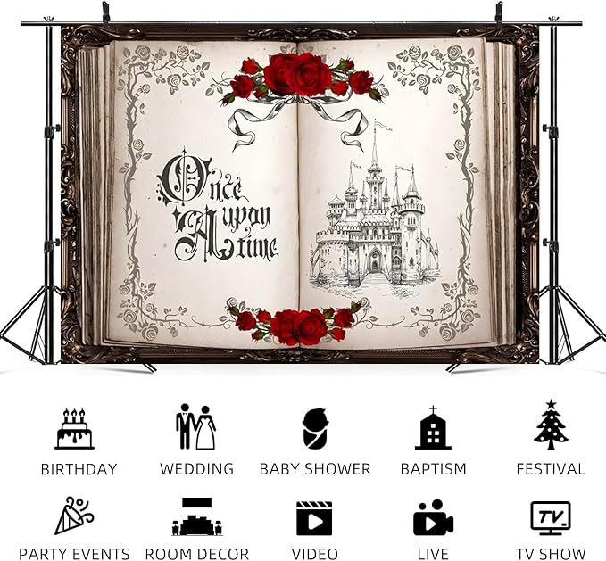 8x4ft Once Upon a Time Backdrop Princess Castle Wedding Party Photography Background Fairytale Book Romantic Story Red Roses Bridal Shower Decorations Birthday Portrait Photo Booth Prop