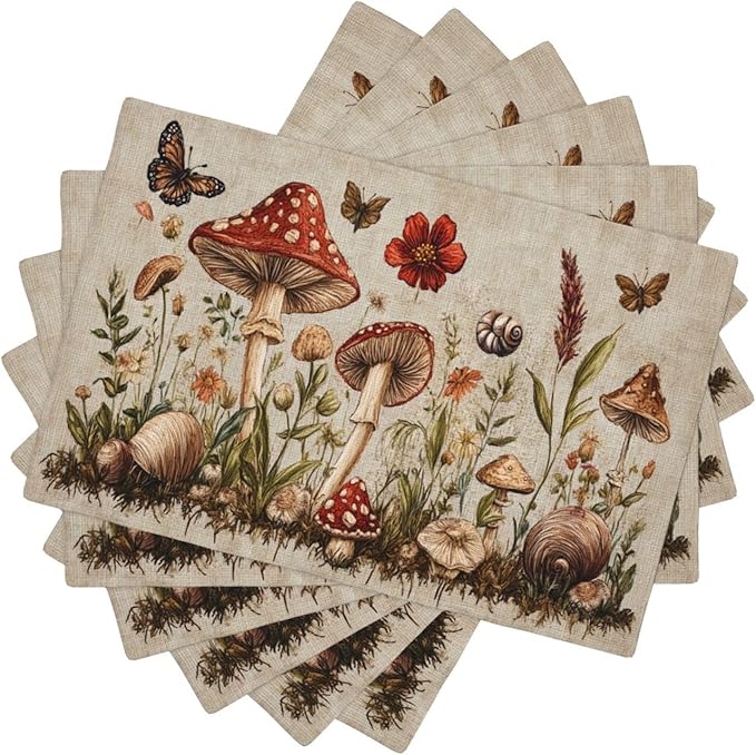 Rustic Mushroom Placemats Set of 6 Washable Table Mats Vintage Botanical Leaf Heat-Resistant Cotton Linen Place Mats for Dining Table Kitchen Indoor Outdoor Party Holiday Decor