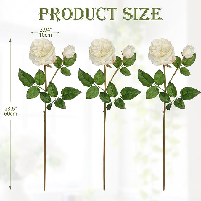 Real Touch Artificial Roses (Set of 3) – 23.6" Long Stem White Garden Roses – Lifelike Faux Silk Flowers for Wedding Bouquets, Home Décor, Centerpieces & Floral Arrangements
