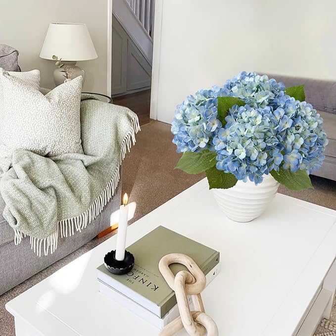 Blue Faux Hydrangea Flowers for Decoration,4Pcs 20" Real Touch Lifelike Faux Flowers, Full Fake Artificial Hydrangeas with Stems for Bouquet Table Centerpieces Spring Home Decoration