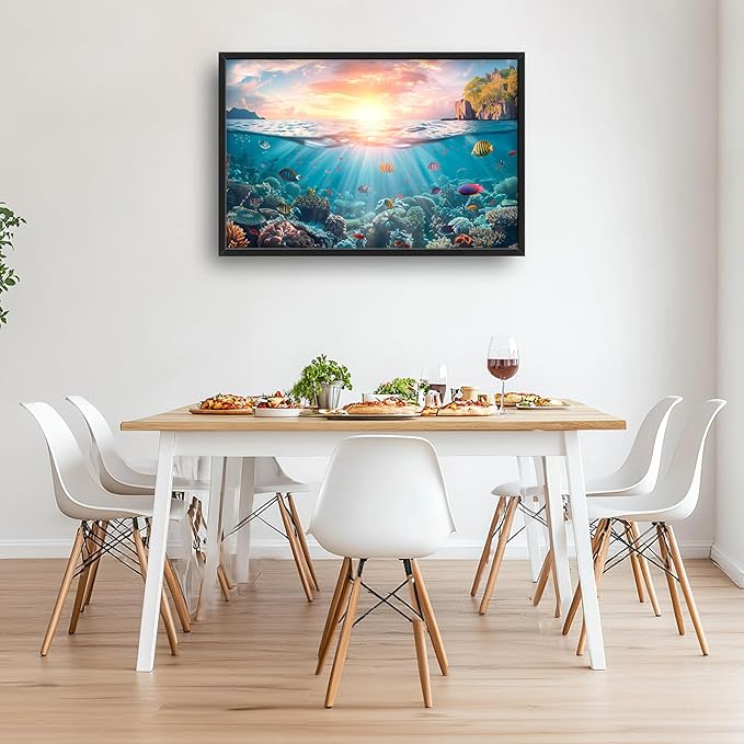 Ocean Fish Large Wall Art Framed Wall Decor for Living Room, Ocean Sunset Pictures Oversized Canvas Print Painting Modern Extra Large Framed Artwork for Bedroom Office Home Decor 36"x24"