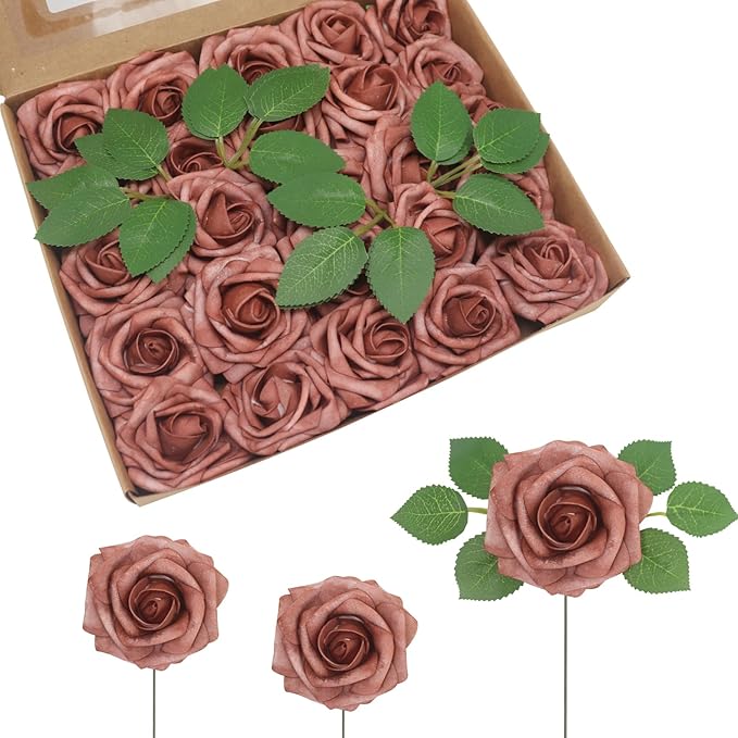 JOYLEX 50PCS Warm Taupe Artificial Flowers Realistic Roses, Real Looking Fake Roses with Stem for DIY Wedding Bouquets Centerpieces Bridal Shower Party Home Romantic Decorations (Warm Taupe, 50pcs)