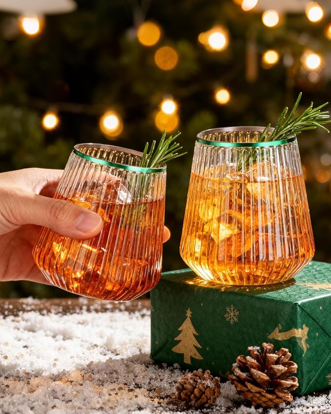 BESTSTAR 36 Pcs 12 oz Plastic Clear Green Rim Ribbed Wine Glasses, Origami Ripple Disposable Champagne Glasses Elegant Whiskey Glasses Ideal for Weddings, Bars, Christmas, Pool Party, Daily Use