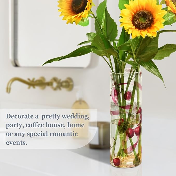 Flower Vase Clear Plastic Cylinder Vases Decor for Centerpieces Home Storage Office Weddings Pink Floral Cherries and Ribbons 11.8 x 3.9 in