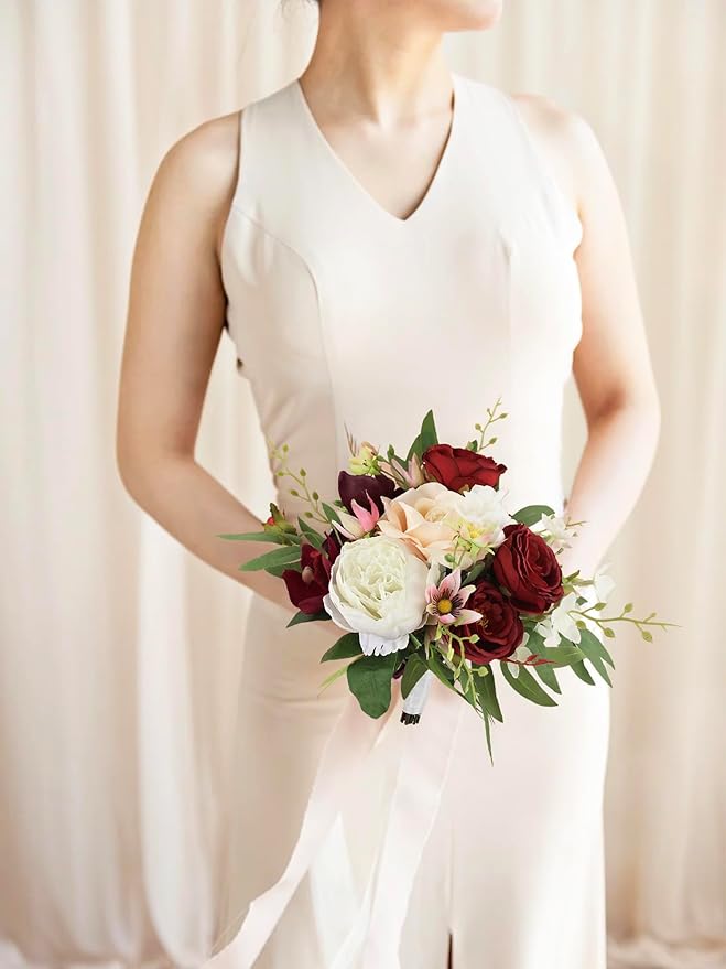 Rinlong 1Pc Fall Wedding Bouquets for Bridesmaids Burgundy Artificial Bridesmaid Bouquet for Wedding Prom