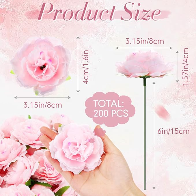 200 Pcs Flowers Long Stem Artificial Rose Bulk, 3.2 Inches Silk Rose Head Flowers Faux for Wedding Bridal Bouquet Independence Day Home Floral DIY Centerpieces Party Decoration(Pink)
