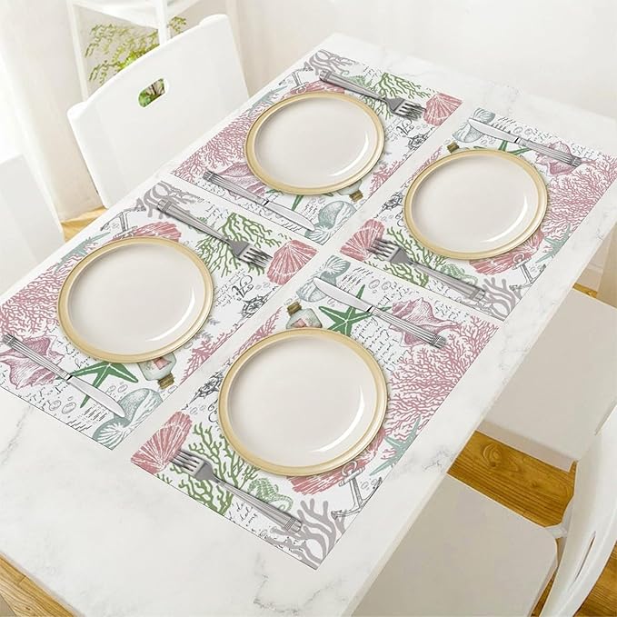 Summer Ocean Placemats Set of 4,Nautical Coastal Pink Green Starfish Seashell Coral Theme Linen Table Mats for Home Kitchen Dining Party Decor 4 PCS