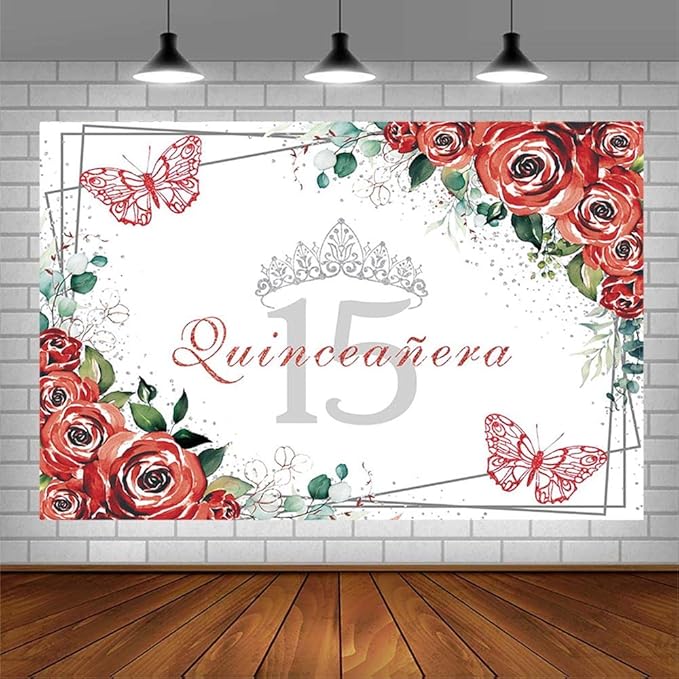 SENDY 8x6ft Quinceañera Backdrop Mis Quince 15 Anos Birthday Party Decoration Supplies for Girl Princess Red Floral Flower Butterfly Silver Crown Photography Background Banner Photo Booth Studio Props
