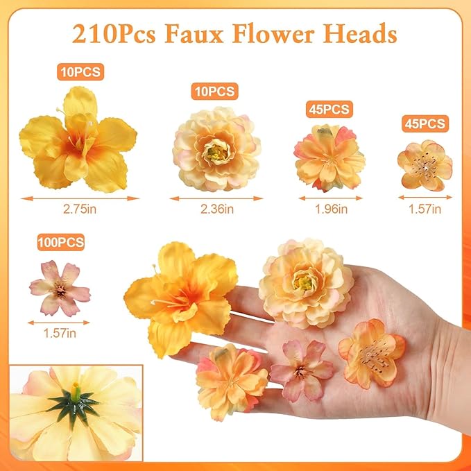 210Pcs Mini Fall Fake Flower Heads Orange Small Silk Faux Flower Heads Artificial Rose Daisy Multicolor Flowers Bulk for Cake Crafts DIY Graduation Cap Wedding Hair Dresses Wreath Party Home Decor