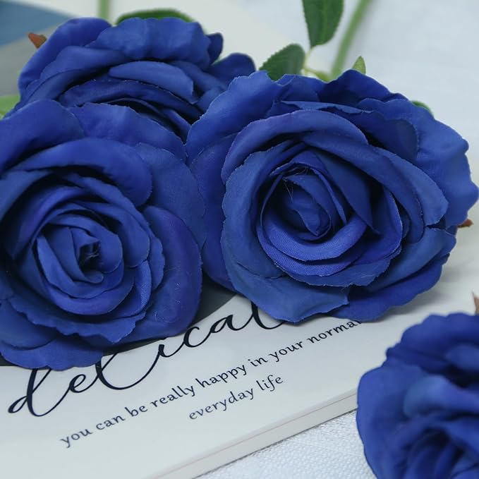 Felice Arts 12 Pack Royal Blue Artificial Flowers Blue Roses with Stems Silk Roses Fake Flowers Bouquet for Wedding Graduation Centerpiece Table Vase Home Kitchen Party DIY Decor
