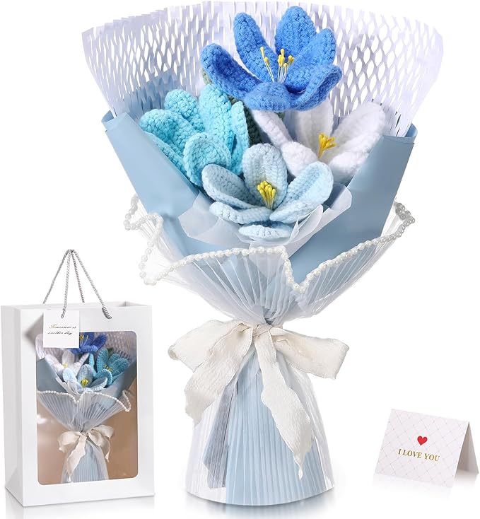 Crochet Flowers Bouquet Gift Christmas Crochet Flower Tulips Completed Handmade Knitted Bouquet with Card for Women Girlfriend Lover Appreciation Gift Birthday Wedding Teacher Decor(Blue)