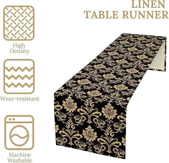 Gold Damask Table Runner,Gothic Antique Victorian Floral Boho Table Runner for Home Kitchen Table Dining Garden Farmhouse Wedding Party Decor 13x36 Inch