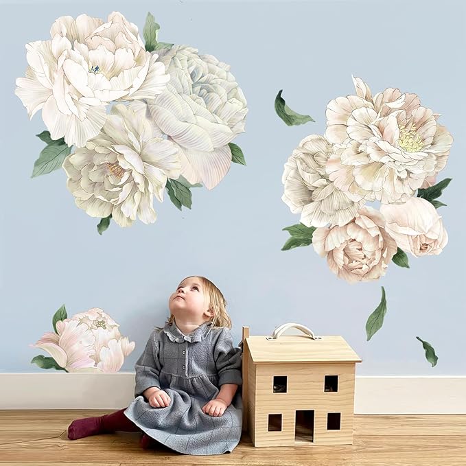 Romantic White Peony Wall Decals, Large Flower Vinyl Wall Art for Nursery & Wedding Decor, Botanical Stickers for Bedroom, Blush Floral Decal