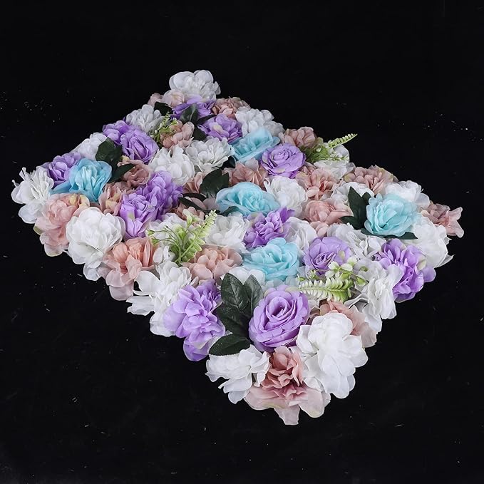 LOYALHEARTDY 12 Pack Artificial Flower Wall Panels 24" x 16" Purple & White Faux Roses Artificial Flower Backdrop Panels for Wedding Party Event Flower Wall Decor