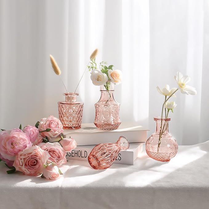 Pink Bud Vases in Bulk 12, Vintage Small Vases for Flowers, Clear Mini Glass Vase for Centerpieces, Decorative Embossed Flower Vase for Wedding Table Decoration, Baby Shower, Birthday Party