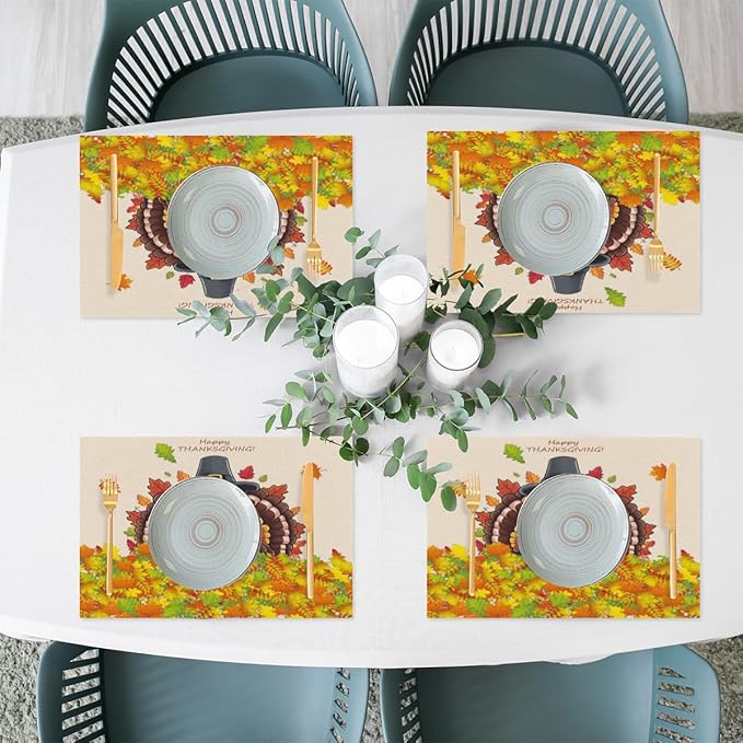 Thanksgiving Leaf Turkey Placemats Set of 4 PVC Vinyl Non Slip Table Mats Heat Resistant Place Mats Washable Wipeable Dining Table Mat for Kitchen Decor Party Indoor Outdoor Decorative Gift