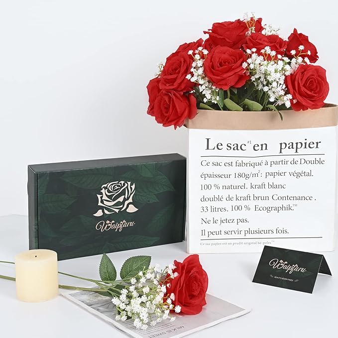 Waipfaru 20 Pcs Fake Red Roses Babys Breath Artificial Flowers Bulk, Silk Red Rose Faux Babys Breath with Long Stems for Wedding Bouquet Vase Flower Arrangement