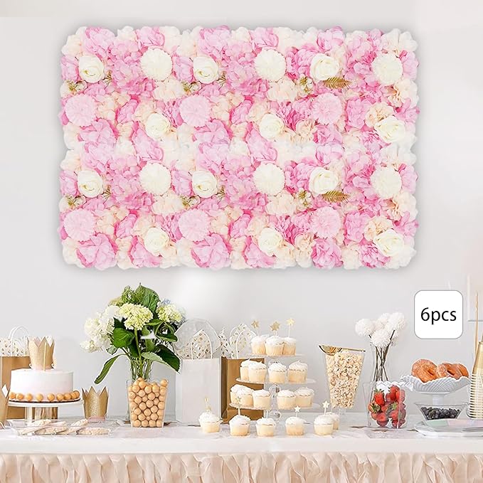 Artificial Flower Wall Panels, 6PCS Dahlia+Rose+Hydrangea Wedding Flower Wall, 3D Floral Panels Artificial Floral WallMat Flower Screen for Photo Party Wedding WallBackground Decor, White+Pink