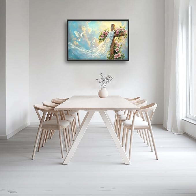 Christian Cross Large Wall Art Religious Faith Hope Pictures Wall Decor Dove Flowers Heaven Canvas Painting Prints Framed Artwork Home Church Decorations for Prayer Bedroom Living Room 36"x24"