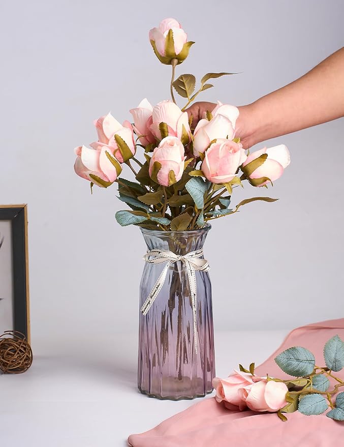 Rose Artificial Flower Buds 12pcs Realistic Faux Silk Roses Fake Flowers Bouquets Arrangements Decor for Wedding Spring Mother's Day, Home Table Decorations, Champagne Flower