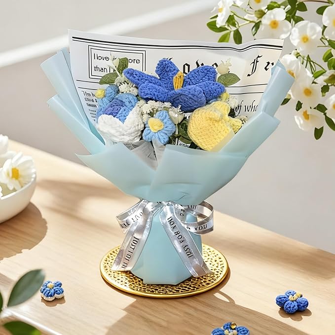 Crochet Flower Bouquet Blue Knitted Flowers Tulips and Blue Roses Daisies Handmade Crochet Flowers Knitted Bouquet Home Decor, Anniversary, Birthday Gift，Mother's Day Graduation Gifts(blue)