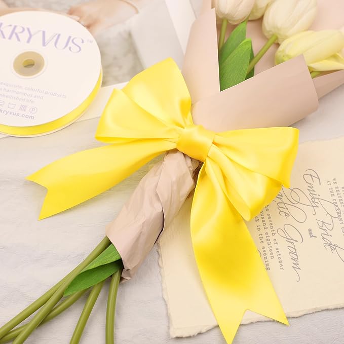 Daffodil Yellow Satin Ribbon, Double Faced 2 Inch X 50 Yards Daffodil Ribbon, Premium Satin Ribbon for Gift Wrapping, Crafts, Hair Bow Making, Sewing, Flower Bouquet, Wedding Party Decor