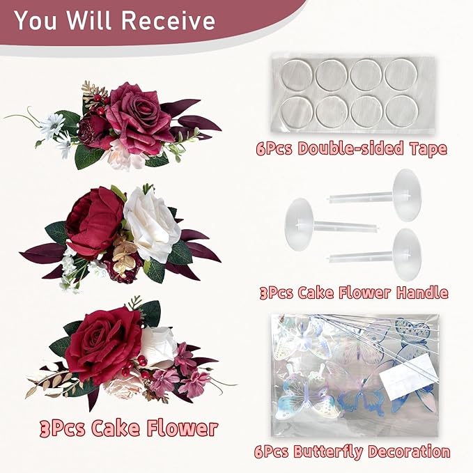 Pre-Made Burgundy Gold Silk Flowers for Cakes Decorations Dark Red Artificial Rose Peony Wedding Cake Toppers Decorating Fake Floral Anniversary Birthday Party Arrangements Table