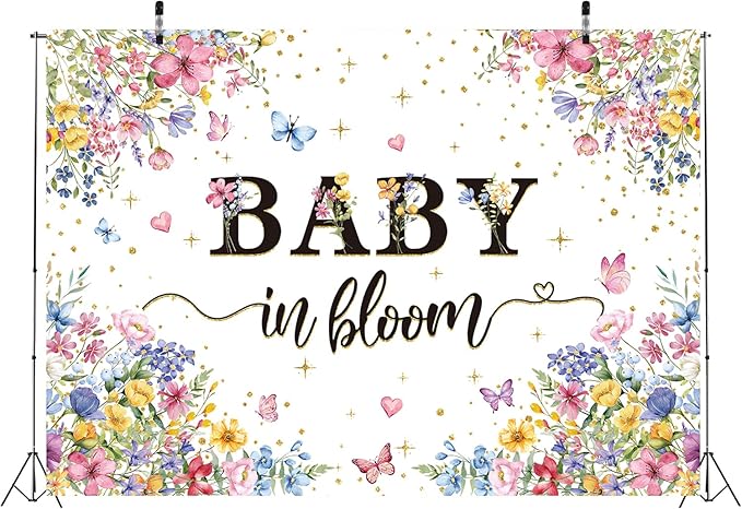 Baby in Bloom Backdrop Wildflower Baby Shower Party Photography Background Spring Floral Gold Glitter Butterfly Banner for Girls Baby Shower Newborn Birthday Party Decorations (82x59 inch (7x5FT))